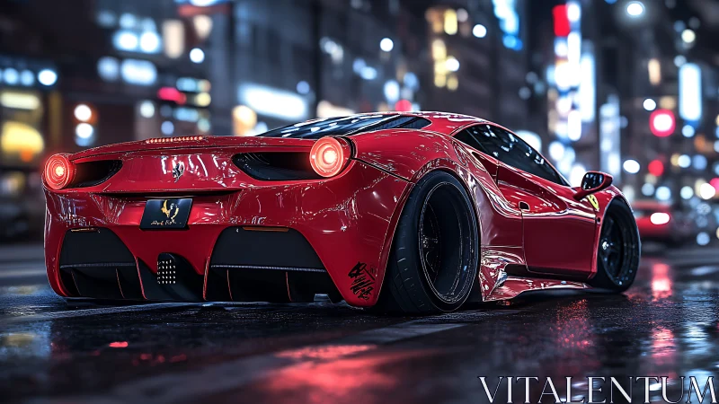 Widebody red supercar on wet neon city street at night
