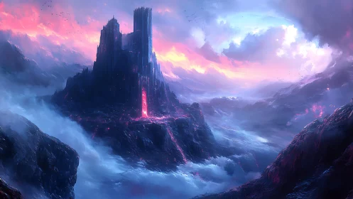 Volcanic obsidian citadel amid iridescent storm strata.