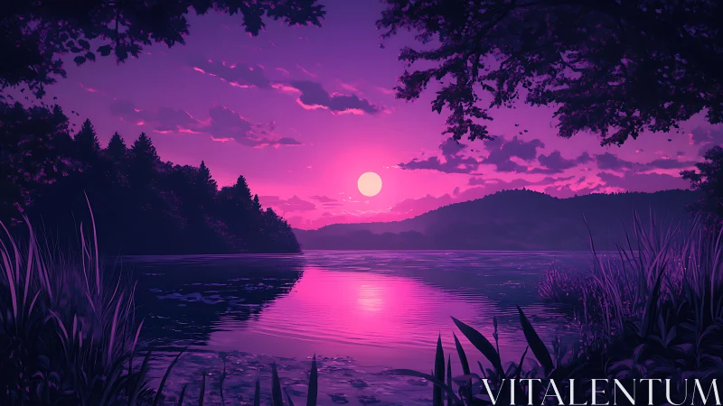 Moonlit lake horizon reflects magenta twilight sky clearly