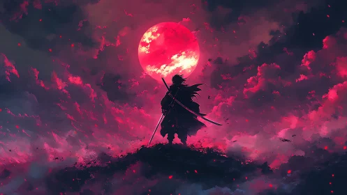 Lone swordmaster beneath a blazing crimson blood moon.