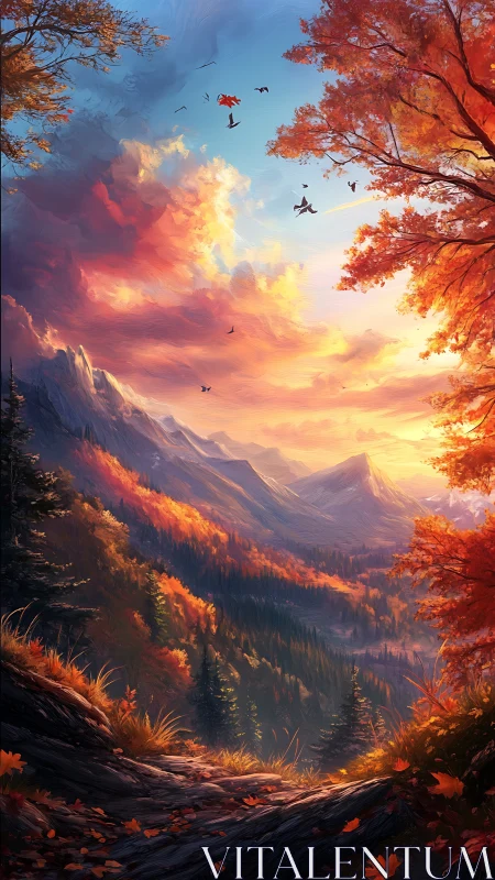Autumn mountain valley under vivid sunset sky panorama.
