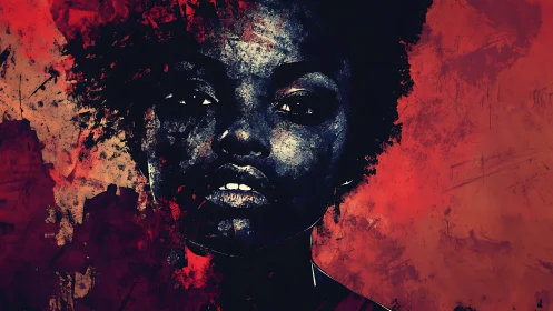 Crimson storms cradle a quiet, unblinking painted gaze