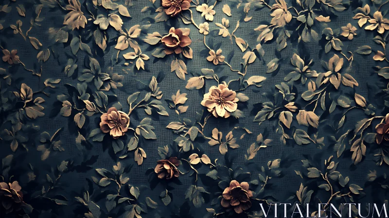 Low-light photographic capture of embossed floral textile surface.