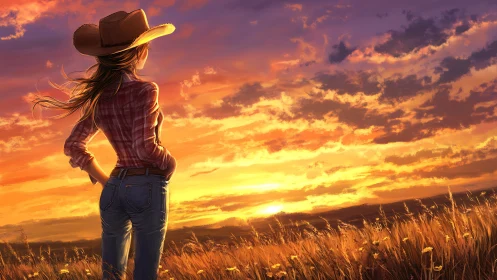 Cowgirl evening calm under a blazing country sunset sky.