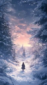 Solitary figure walks snowy forest path toward glowing dawn