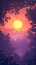 Spectral forest valley under oversized solar disk at dusk.