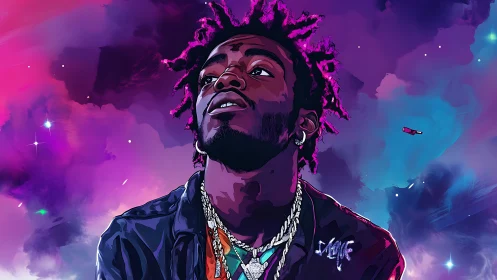 Neon portrait of confident man in cosmic gradient clouds.