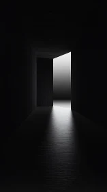 Narrow dark corridor meets stark white doorway of light.