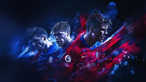 Dynamic football portrait erupts with electric red and blue energy.