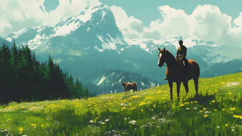 Rider on mountain meadow with horses and distant snow peaks.