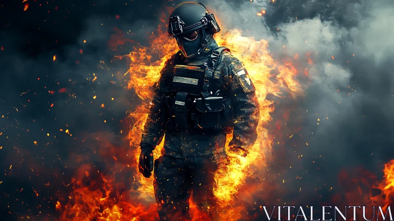 Tactical operator in full combat gear stands engulfed in flames