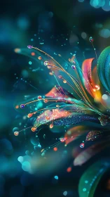 Shimmering fantasy flower glows with sparkling neon droplets