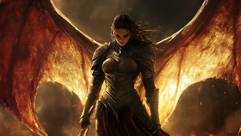 Winged armored figure in backlit infernal landscape scene.