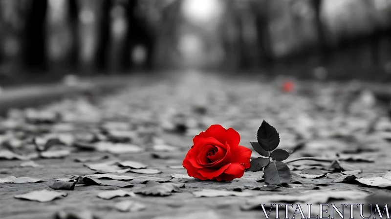 Red rose on leaf-strewn path in selective color photograph.