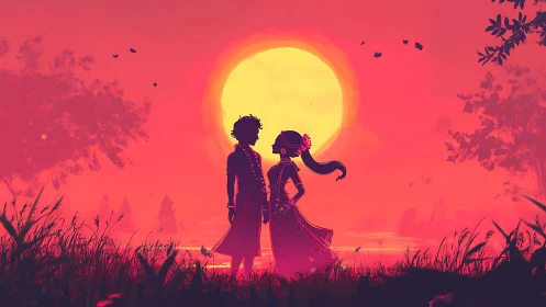 Two souls silhouetted beneath a burning golden sun.