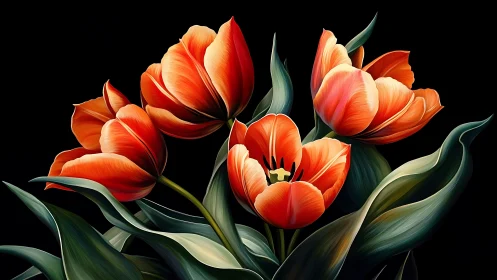 Luminous Red Tulips Against Black: Digital Botanical Study.