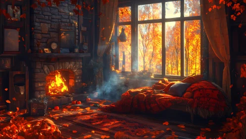 Autumn's Cozy Inferno: Firelit Sanctuary Wrapped in Golden Leaves.