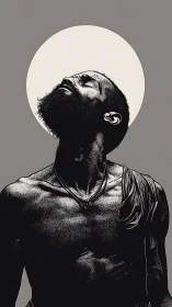 Bearded figure gazes upward beneath stark white haloed sun.