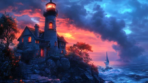 Lighthouse and coastal house stand against contrasting twilight sky