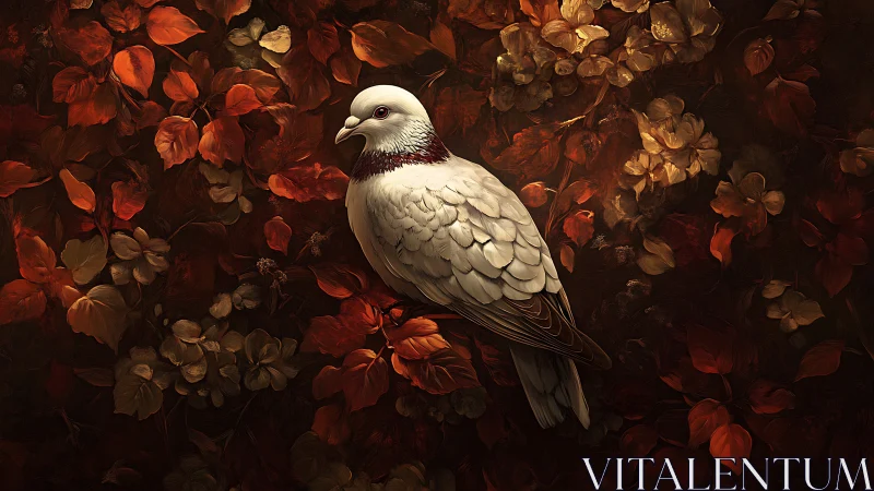 White Dove on Autumn Leaves, Realistic Digital Painting.