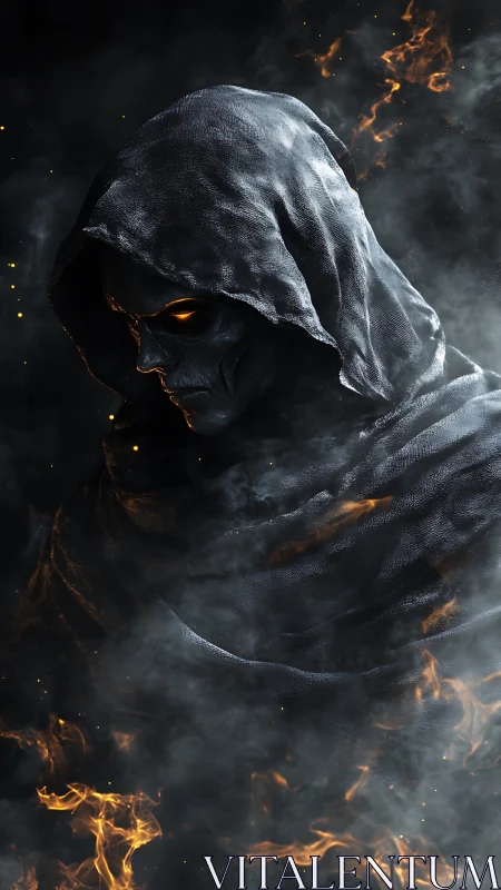 Hooded skeletal wraith rendered with volumetric fire and smoke