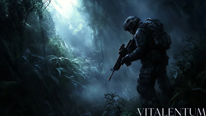Digital painting of tactical soldier in rain-soaked jungle recesses.