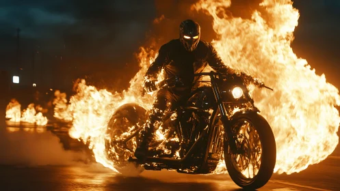 Flaming night rider blazing through a storm of sparks.