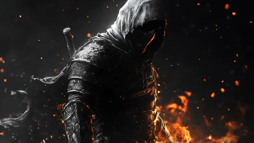 Armored hooded warrior figure amid embers and fire glow.