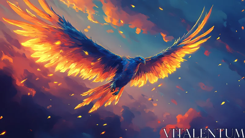 Majestic Phoenix Soaring in Fiery Sky, Digital Fantasy Art.