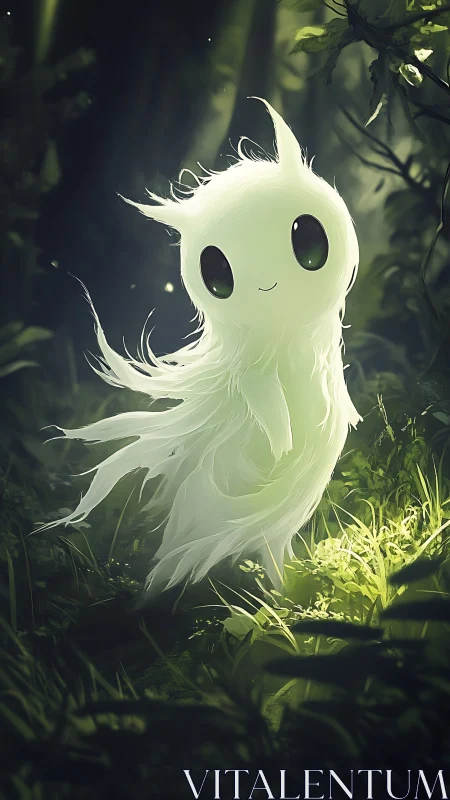 Gentle forest spirit glows softly in a dreamy green clearing