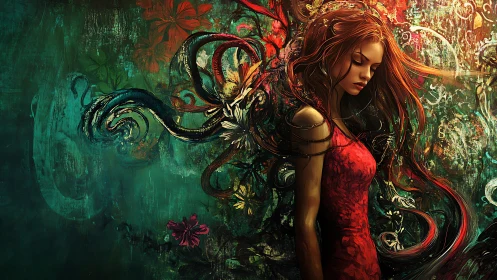 Melancholic woman merges with swirling floral abstraction in red