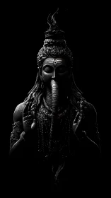 Divine hybrid deity emerges in dramatic monochrome light.