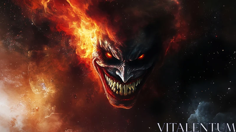 Fiery demonic face erupts from cosmic darkness with menace