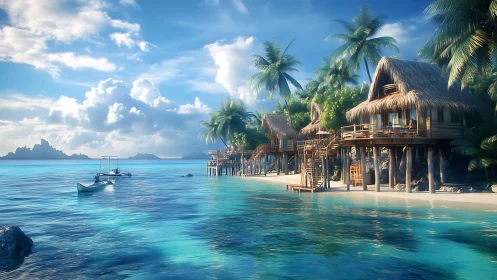 Overwater Structures on Tropical Island with Anchored Vessel.