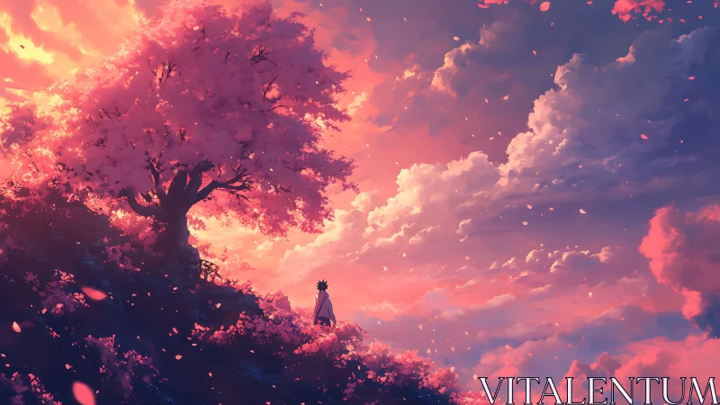 Solitary figure under luminous sakura at sunset ridge.
