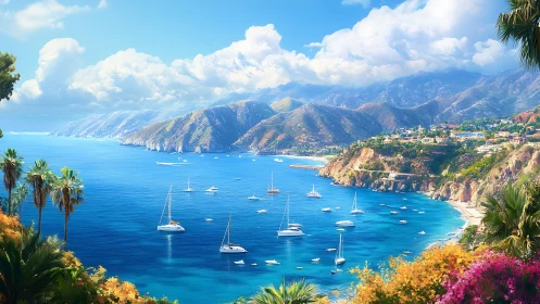 Sunlit coastal yachts glide along a vivid tropical shoreline.