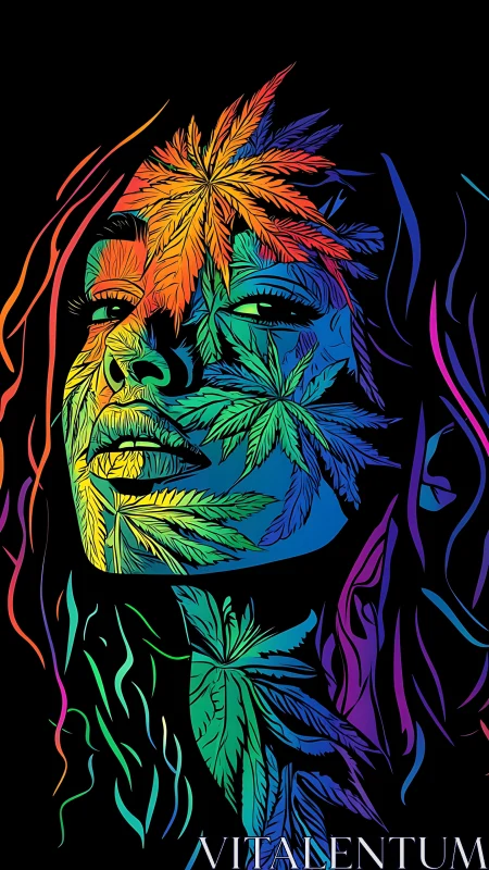 Psychedelic cannabis portrait with neon rainbow leaves.