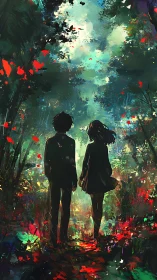 Digital painting of two figures in luminous abstract forestscape.