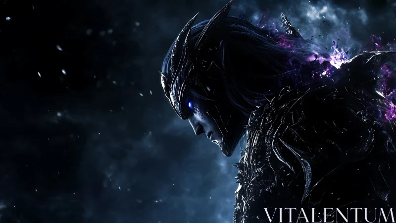 Dark armored elf warrior radiates violet spectral energy
