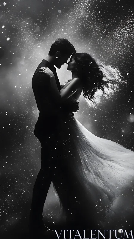 Silhouetted couple embracing beneath falling sparkles.