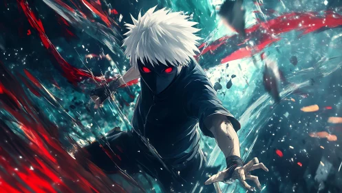 Masked white-haired fighter with red eyes amid energy field.