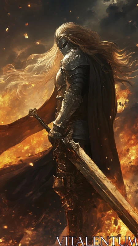 Fire-kissed knight pauses mid-stride as molten dusk howls