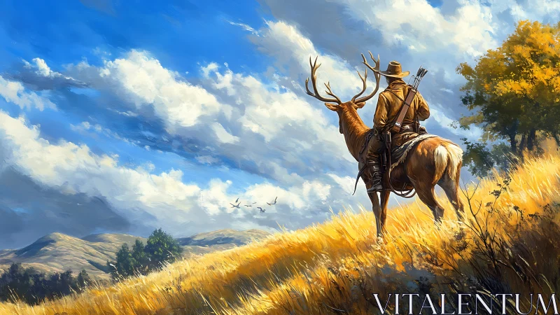 Hunter rides stag through golden hillside under vast sky.