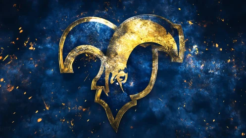 Gold ram head emblem on textured blue abstract field.