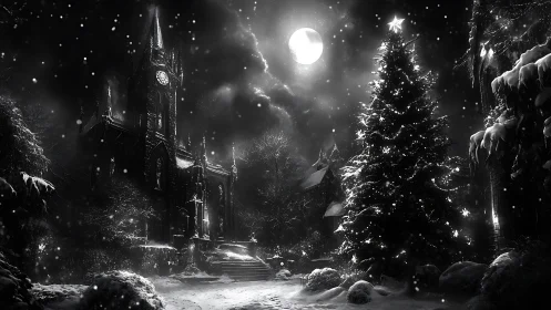 Lunar backlit gothic churchyard with illuminated winter tree.