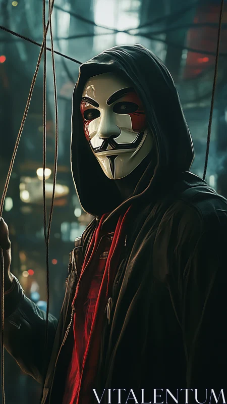 Hooded masked figure stands in dim urban environment