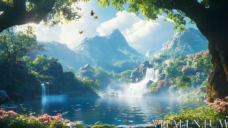 Lush mountain valley lake with layered waterfalls and trees.