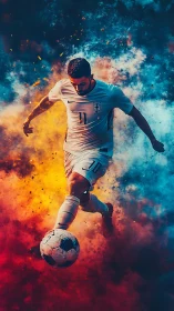 Soccer player in mid-kick amid blue and orange smoke field.