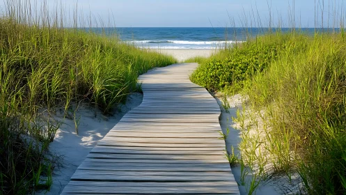 Wooden dune boardwalk leads toward calm blue ocean horizon.