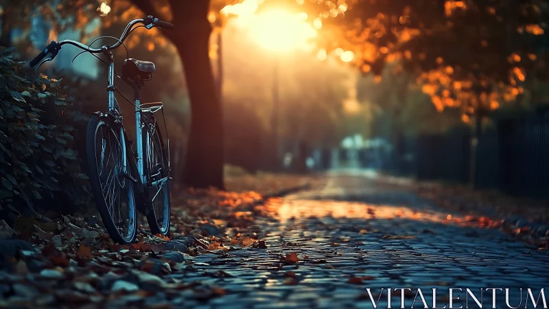 Bicycle positioned on tree-lined path during golden hour with diffused light
